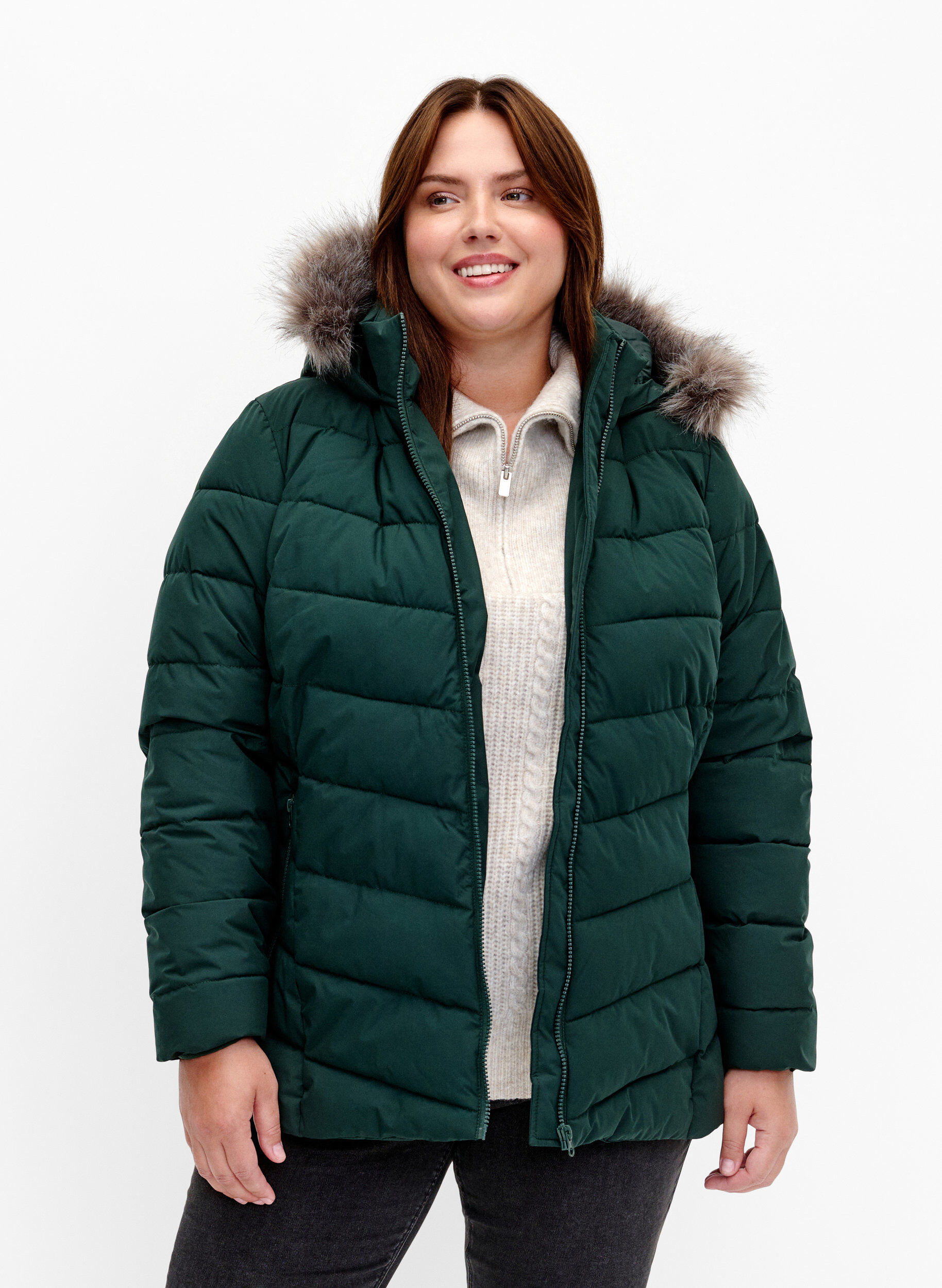 Kort boblejakke med hette, Gr&oslash;nn, Model