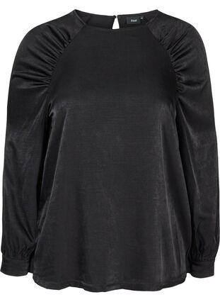 Langermet bluse med rynkedetaljer og dekorative knapper, Black, Packshot image number 0