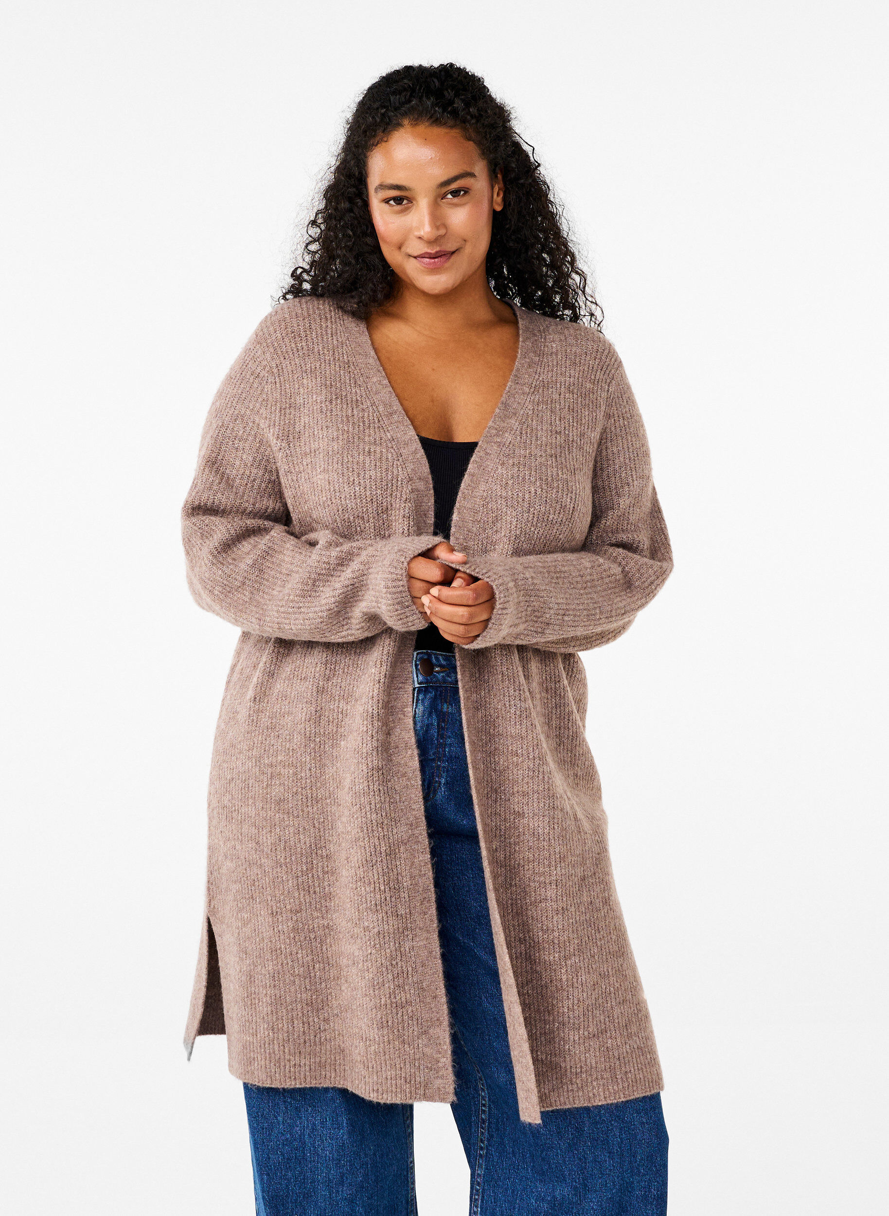 Zizzi FLASH - Ribbestrikket cardigan med splitter, Brown Lentil Melange, Model image number 0