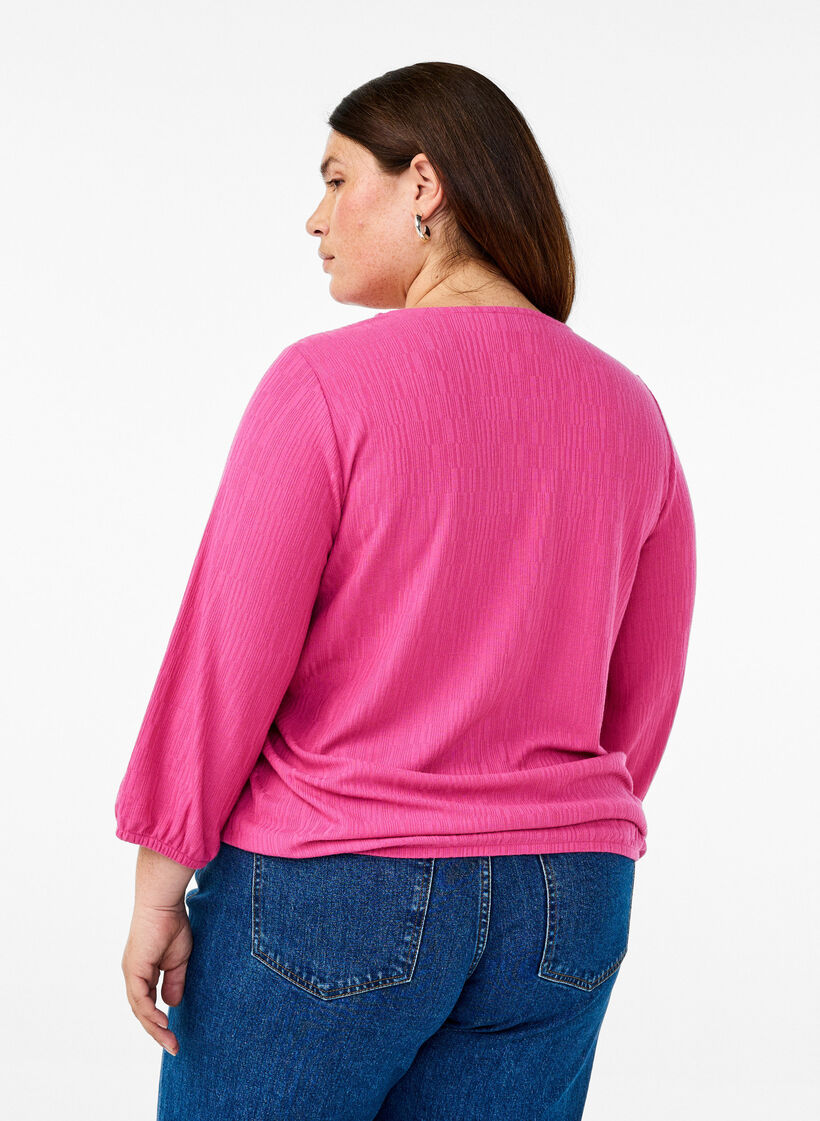 Bluse med tekstur og 3/4 ermer, Rosa, Model image number 2