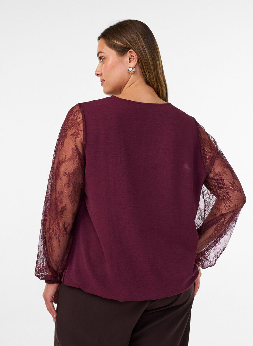Bluse med blondeermer og ballongfasong, R&oslash;d, Model image number 2