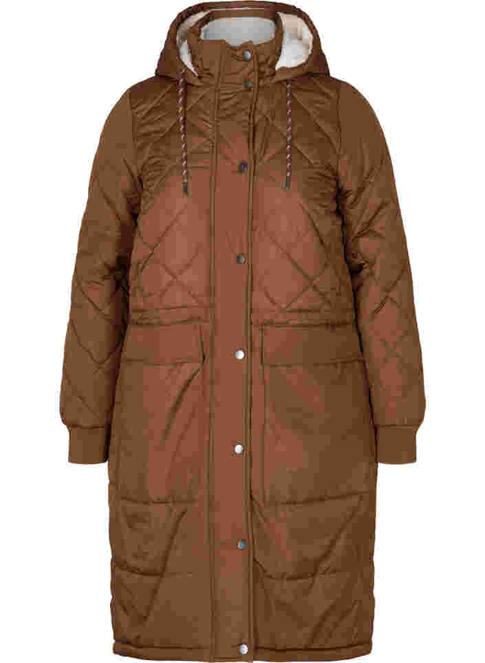 Quiltet jakke med hette og justerbar midje, Toffee, Packshot image number 0