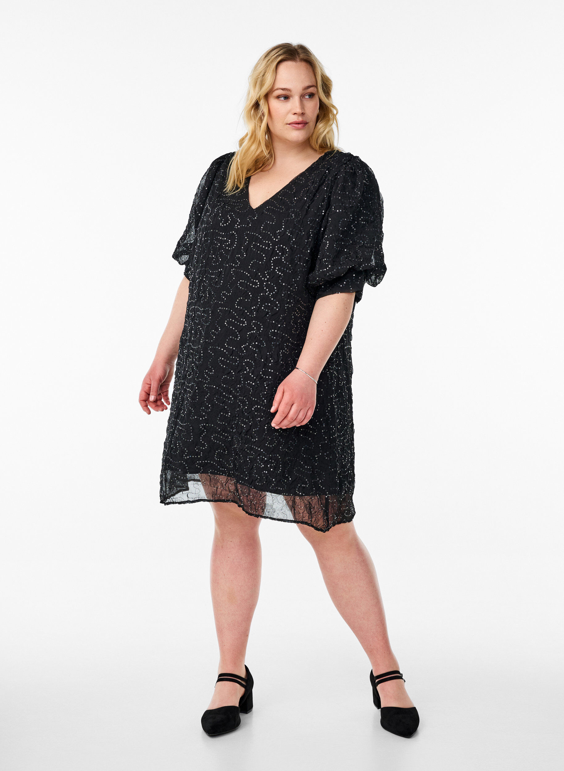 Zizzi Kort festkjole med paljetter, Svart, Model image number 1