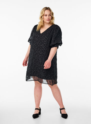 Zizzi Kort festkjole med paljetter, Svart, Model image number 1