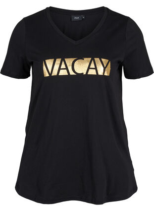 T-skjorte i bomull med V-hals, Black VACAY , Packshot image number 0