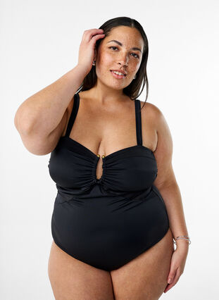 Zizzi Badedrakt med V-detalj og rynker, Svart, Model image number 0