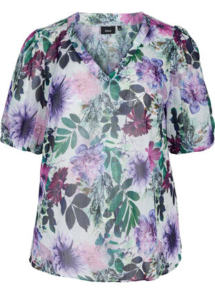 Blomstrete bluse med 2/4-ermer, Purple Flower mix, Packshot image number 0