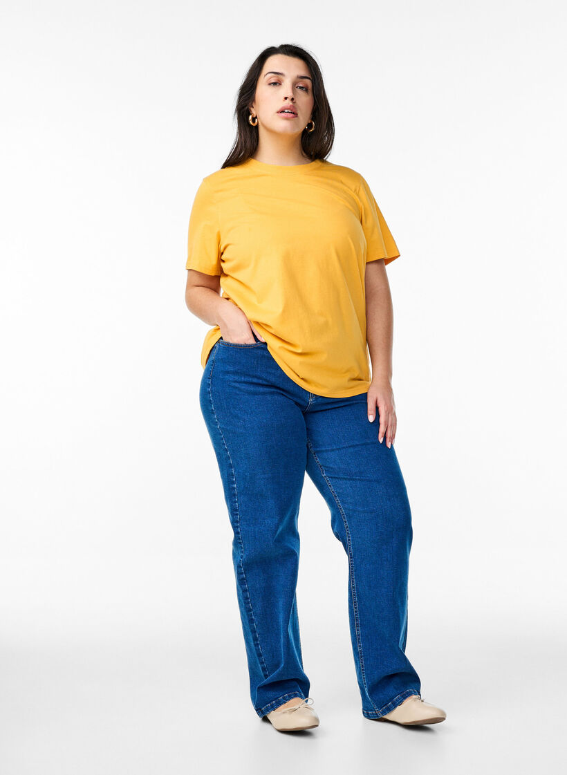 Basic T-skjorte i bomull med rund hals, Gul, Model image number 1