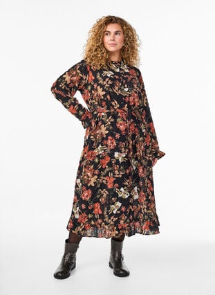Zizzi Midikjole med blomstertrykk og avtakbart knytebelte, Svart, Model image number 0