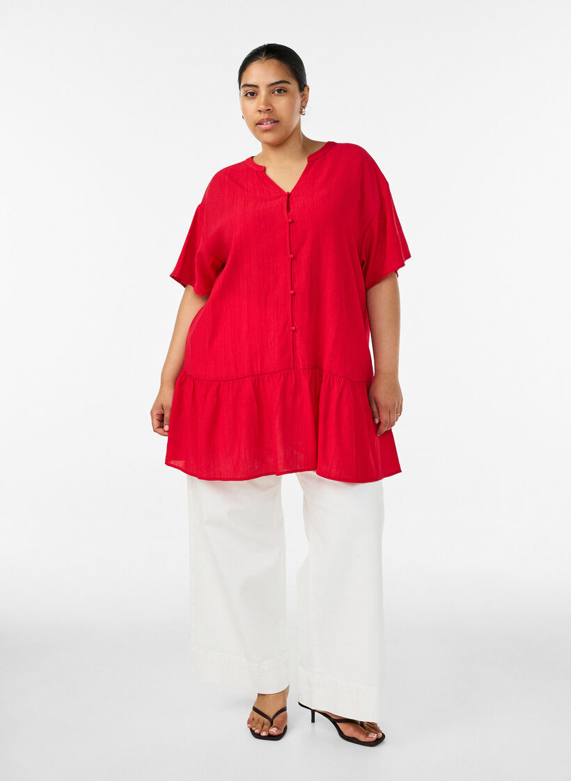 L&oslash;s tunika med kr&oslash;llet struktur og volangkant, R&oslash;d, Model image number 1