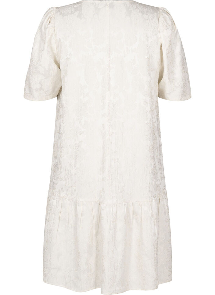 Knelang jacquard kjole med korte ermer, Whisper White, Packshot