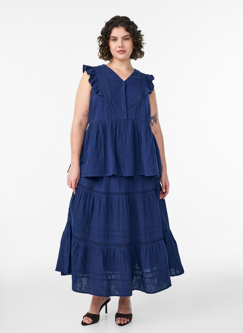 A-formet midiskj&oslash;rt i bomullsmuslin med heklet b&aring;nd, Bl&aring;, Model image number 0