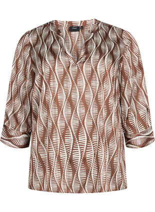 Bluse med mønster og 3/4-ermer , Brown Abstract AOP, Packshot image number 0