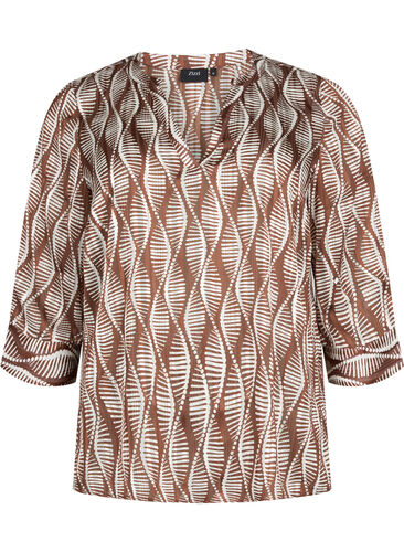 Bluse med mønster og 3/4-ermer, Brown Abstract AOP, Packshot image number 0