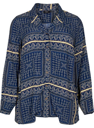 Lang viskoseskjorte med mønster, Blue Patch AOP, Packshot image number 0