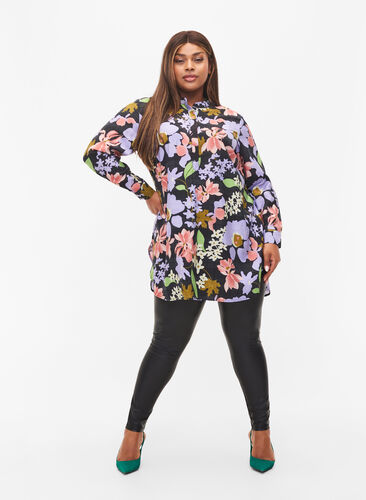 Blomstrete tunika i viskose, Purple Green Flower, Model image number 2