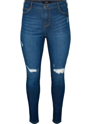 Zizzi Super slim Amy jeans med slitte detaljer og høyt liv, Dark blue, Packshot image number 0