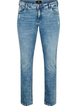 Emily jeans med vanlig midje og ødeleggelser, Blue denim, Packshot image number 0