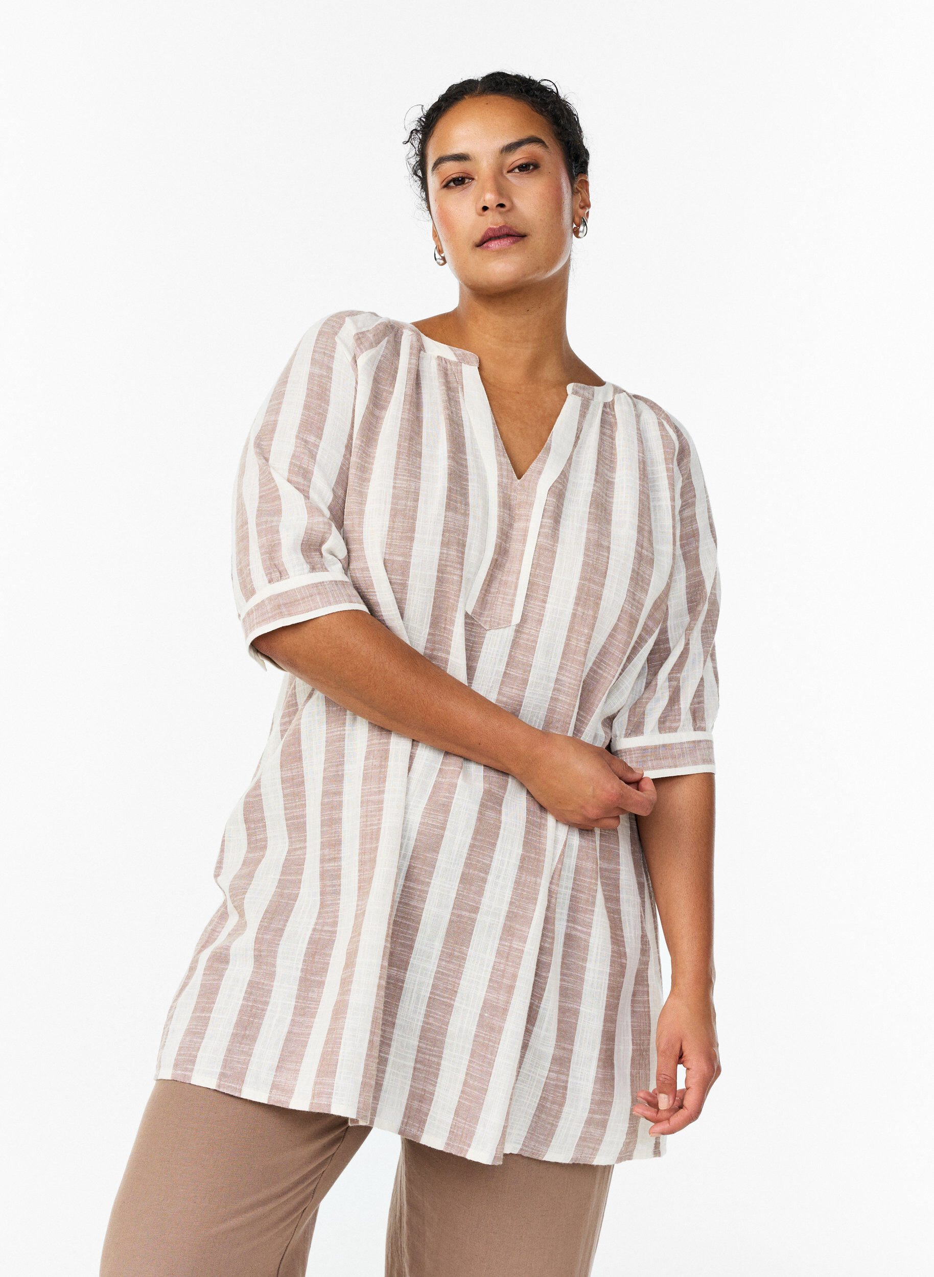 Bomullstunika med V-hals, Beige, Model