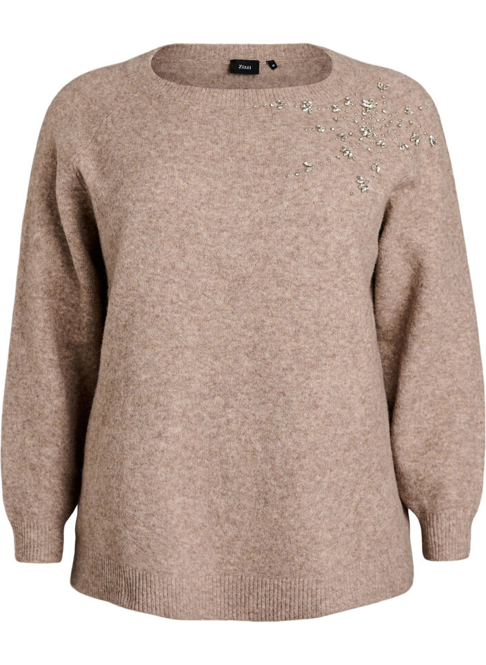 Strikkebluse med rhinesteiner og nagler, Beige, Packshot image number 0