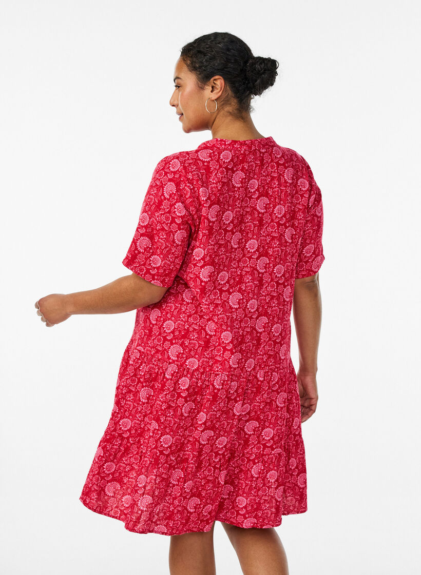 Kort A-linjekjole i bomullsmuslin, R&oslash;d, Model image number 2