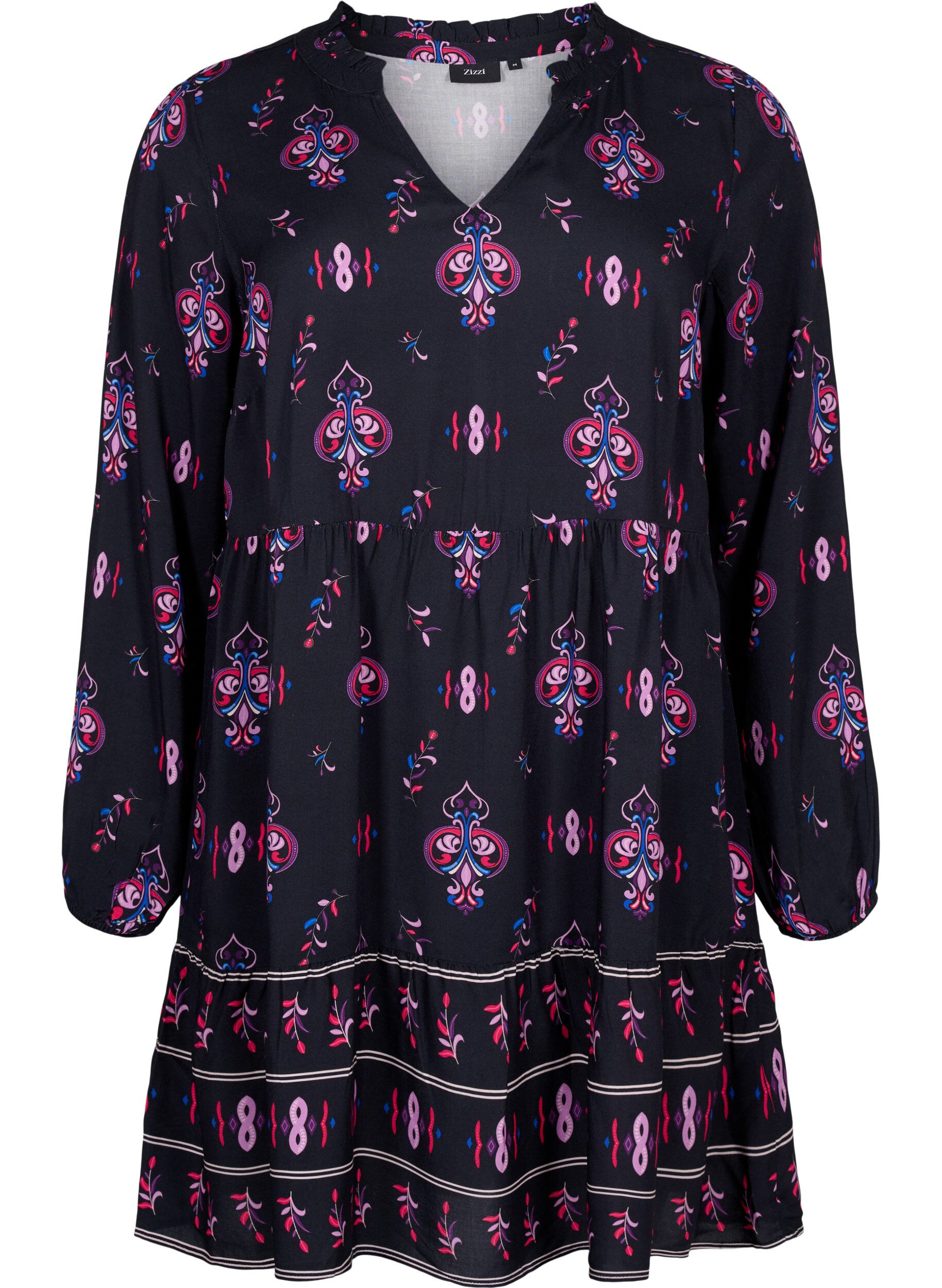 ZizziViskosekjole med lange ermer og trykk, Black Pink AOP, Packshot image number 0