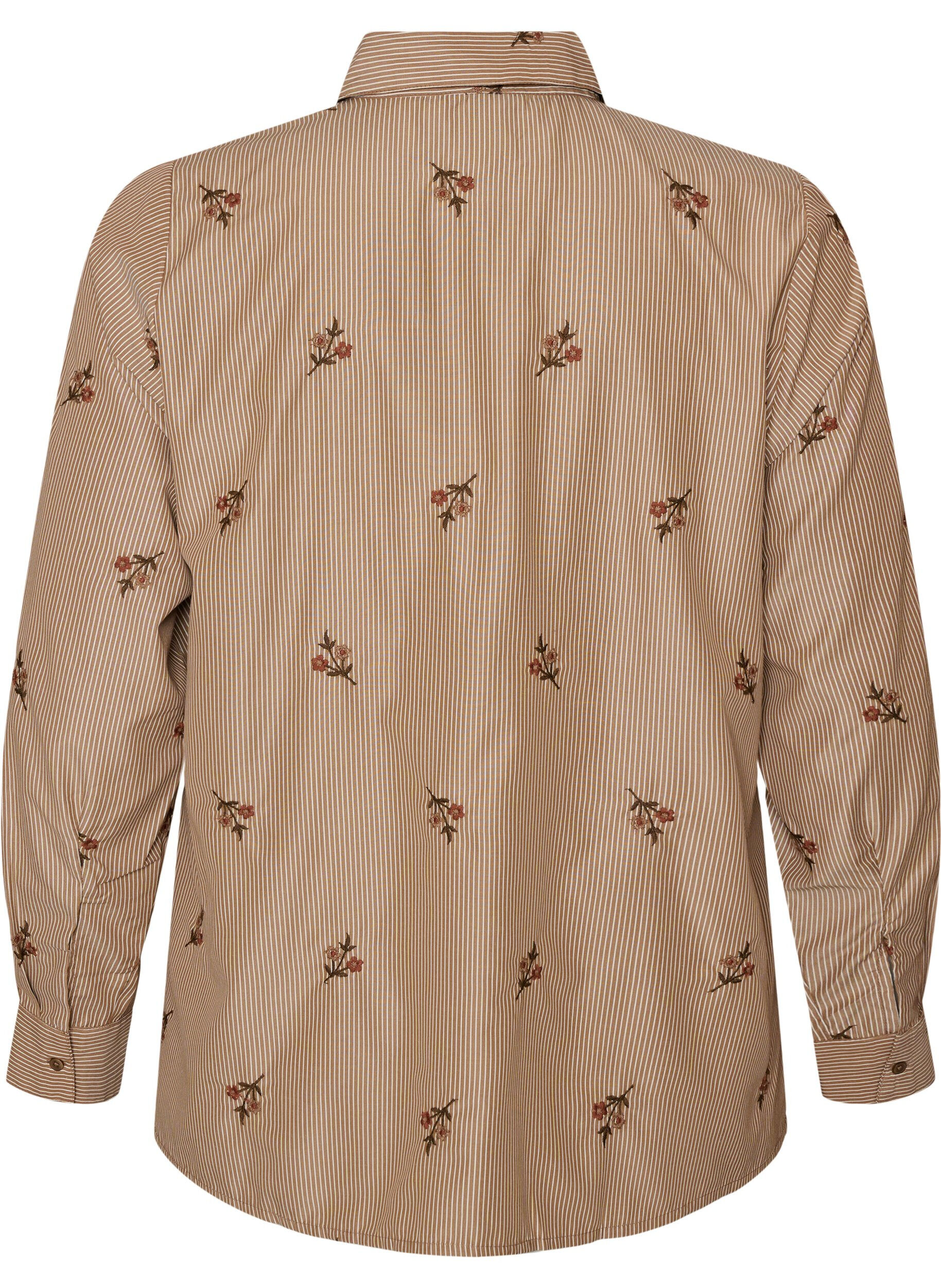 ZizziStripete skjorte med broderte blomster, Brun, Packshot image number 1