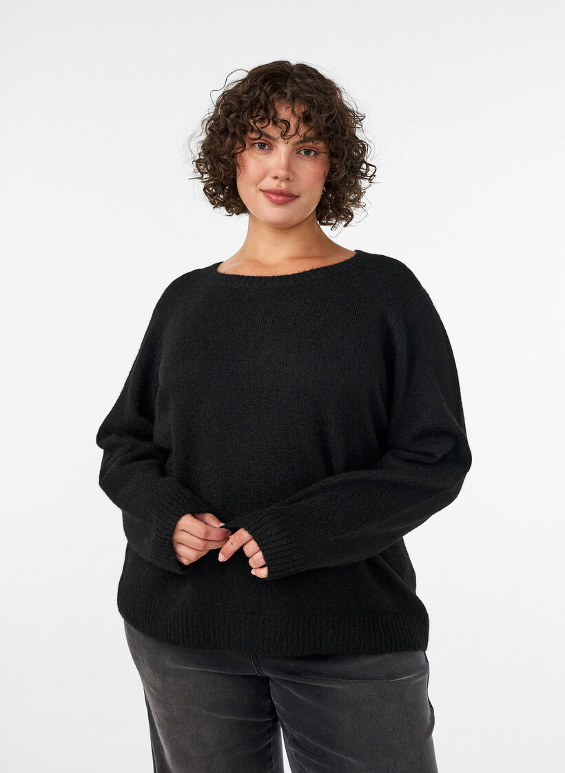 Loose fit genser med rund hals, Svart, Model image number 0