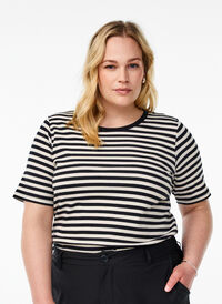 T-shirt med striper og ribbestrikket struktur, Svart T-shirt med striper og ribbestrikket struktur, Svart, Model