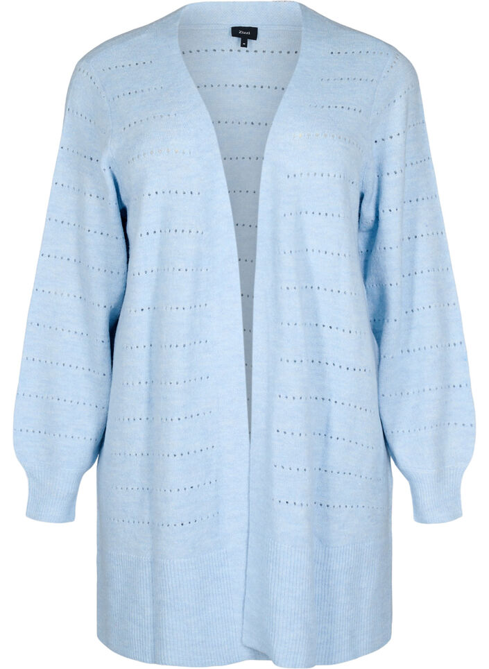Lang strikket cardigan med blondemønster, Cashmere Blue Mel., Packshot image number 0