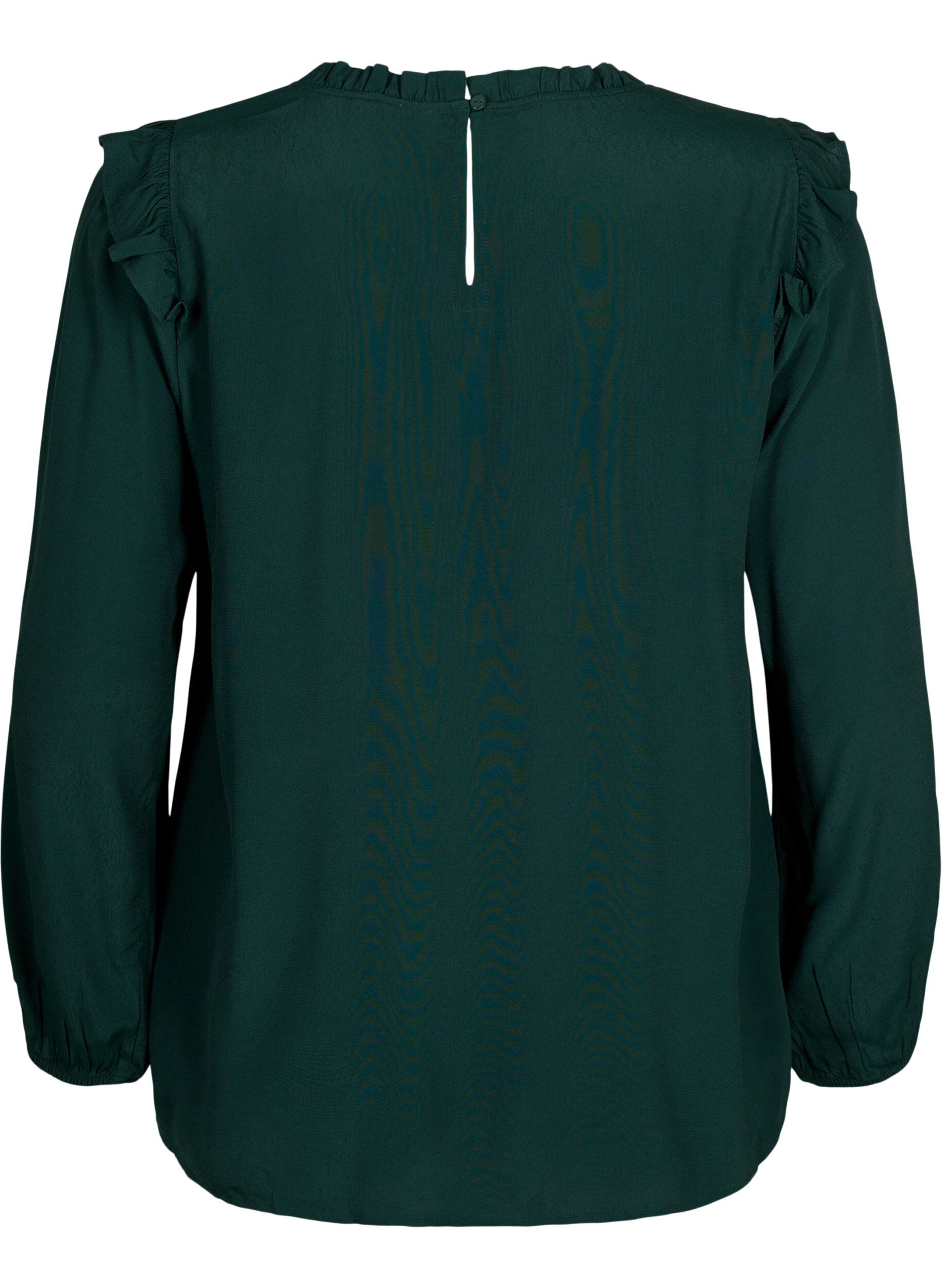 Zizzi Viskosebluse med volanger og blonder, Scarab, Packshot image number 1
