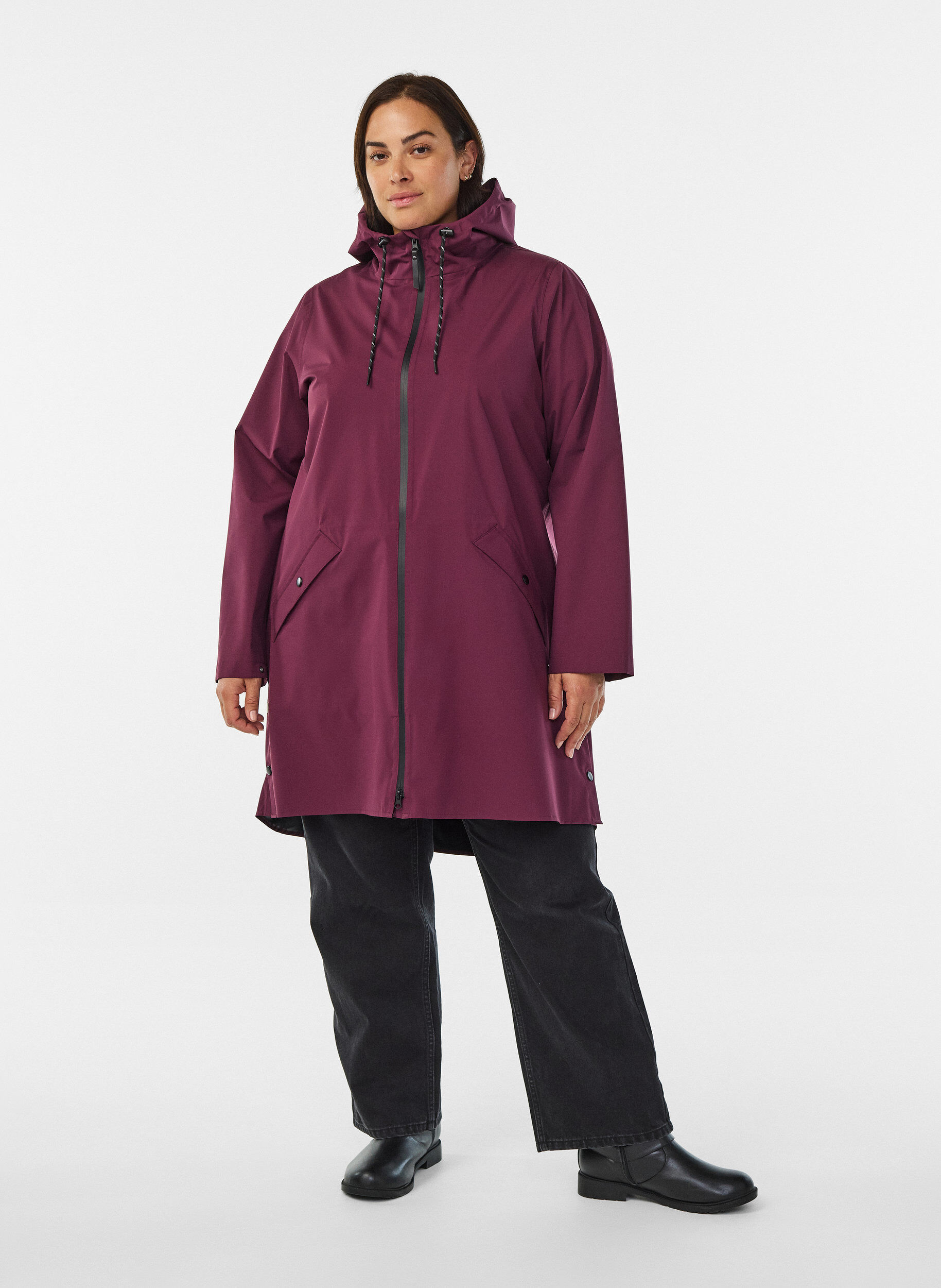 ZizziRegnjakke med lommer og hette, M&oslash;rk Bordeaux, Model image number 1