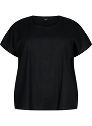 Kortermet bluse i bomullsblanding med lin, Black