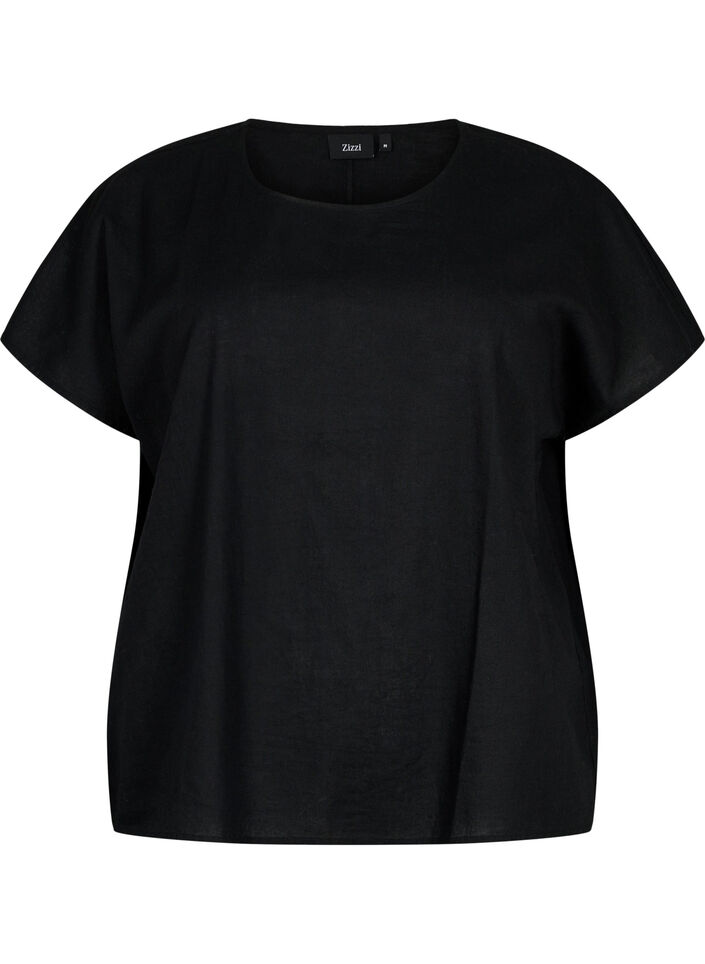 Kortermet bluse i bomullsblanding med lin, Black, Packshot image number 0