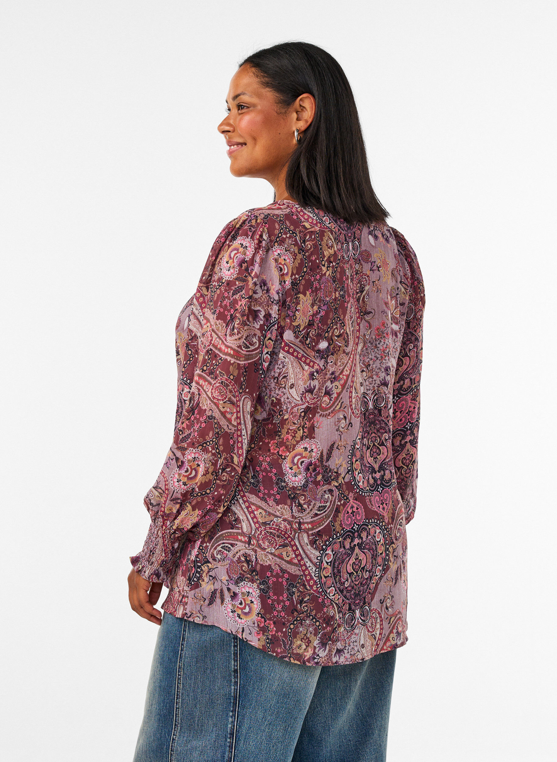 ZizziTunikakjole med paisleytrykk og smockede mansjetter, Rosa, Model image number 2