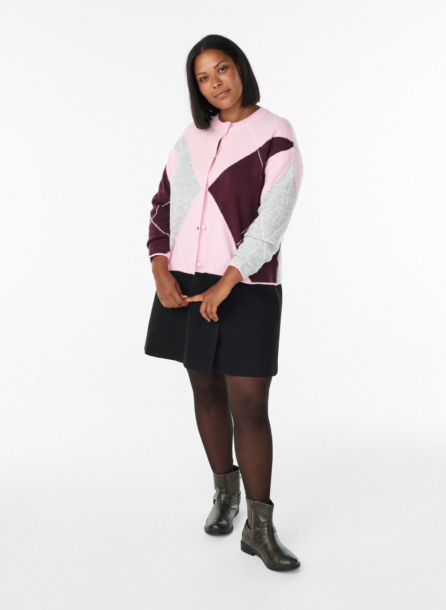 Zizzi Cardigan med argylem&oslash;nster og rund hals, Rosa, Model image number 1