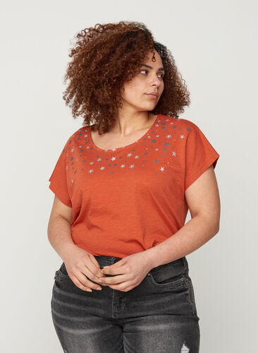 Kortermet T-skjorte i bomull med stjerner, Burnt Brick STARS, Model image number 0
