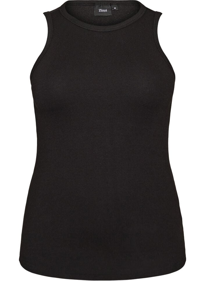 Ribbet topp i bomull med h&oslash;y hals, Svart, Packshot image number 0