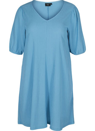 Kjole med puffermer og V-hals, Azure Blue, Packshot image number 0