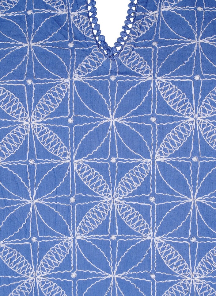 Bluse med korte ermer og brodert mønster, Blå, Packshot image number 2