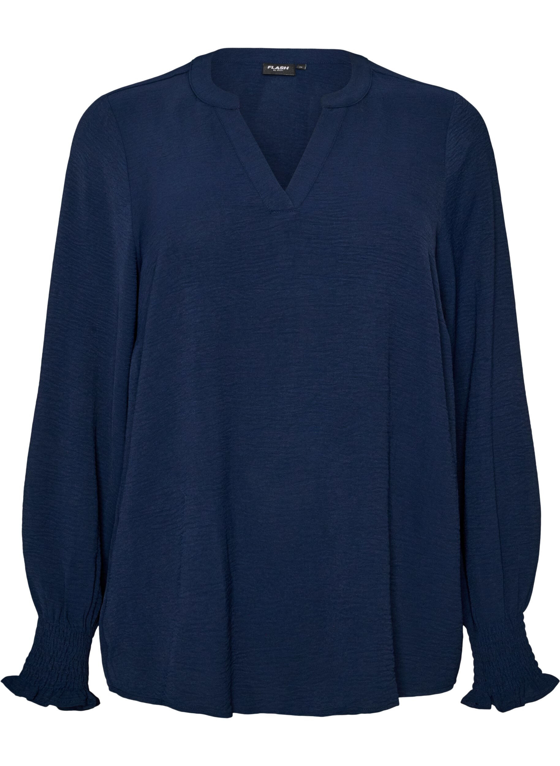 ZizziBluse med smockmansjetter og V-hals, Bl&aring;, Packshot image number 0