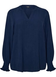Bluse med smockmansjetter og V-hals, Bl&aring;