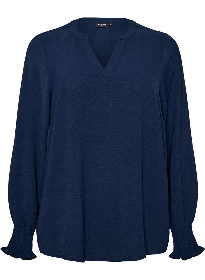 Bluse med smockmansjetter og V-hals, Bl&aring;, Packshot image number 0