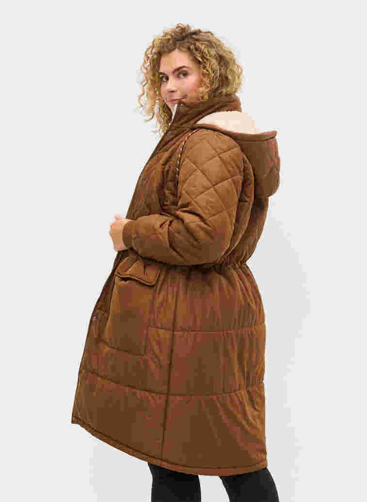Quiltet jakke med hette og justerbar midje, Toffee, Model image number 1