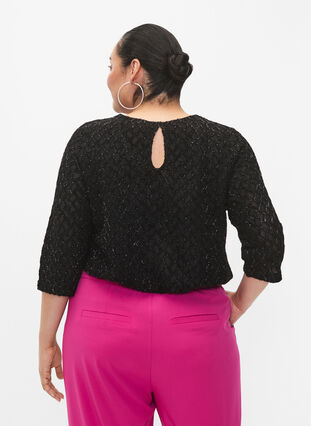 Mønstret bluse med 3/4-ermer og glitter, Black, Model image number 1