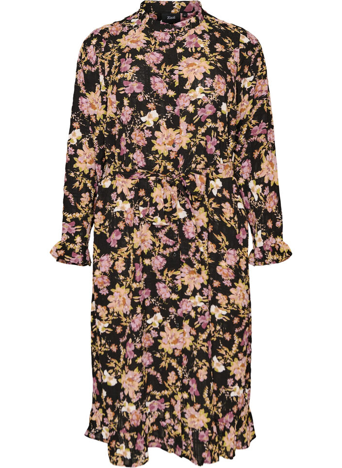 Midikjole med blomstertrykk og avtakbart knytebelte, Svart, Packshot image number 0