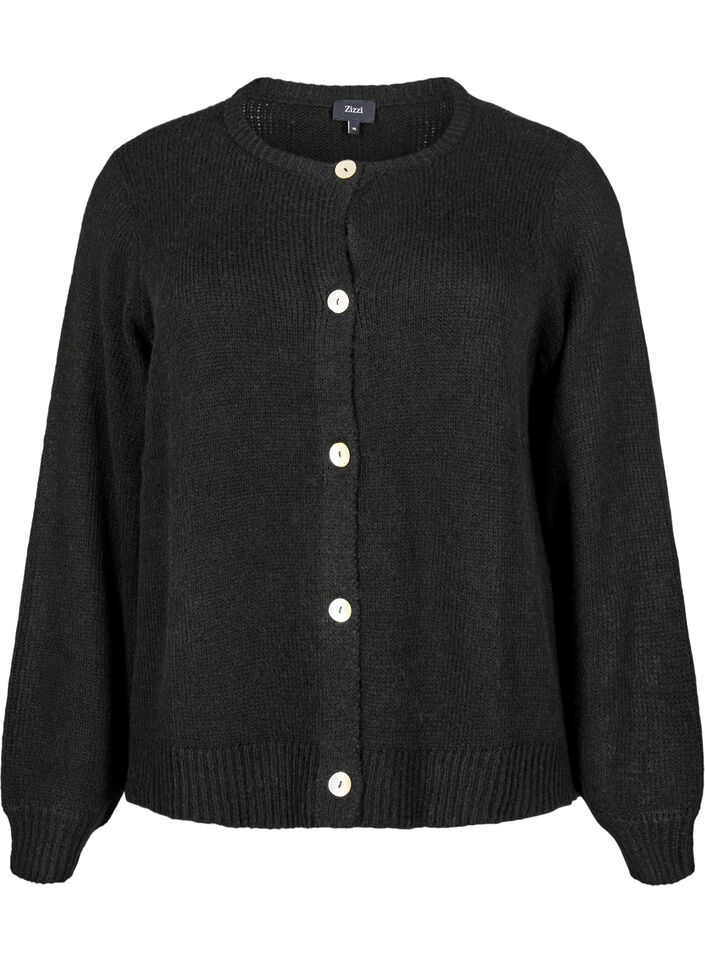 Strikket cardigan med ull og knapper, Black Solid, Packshot image number 0