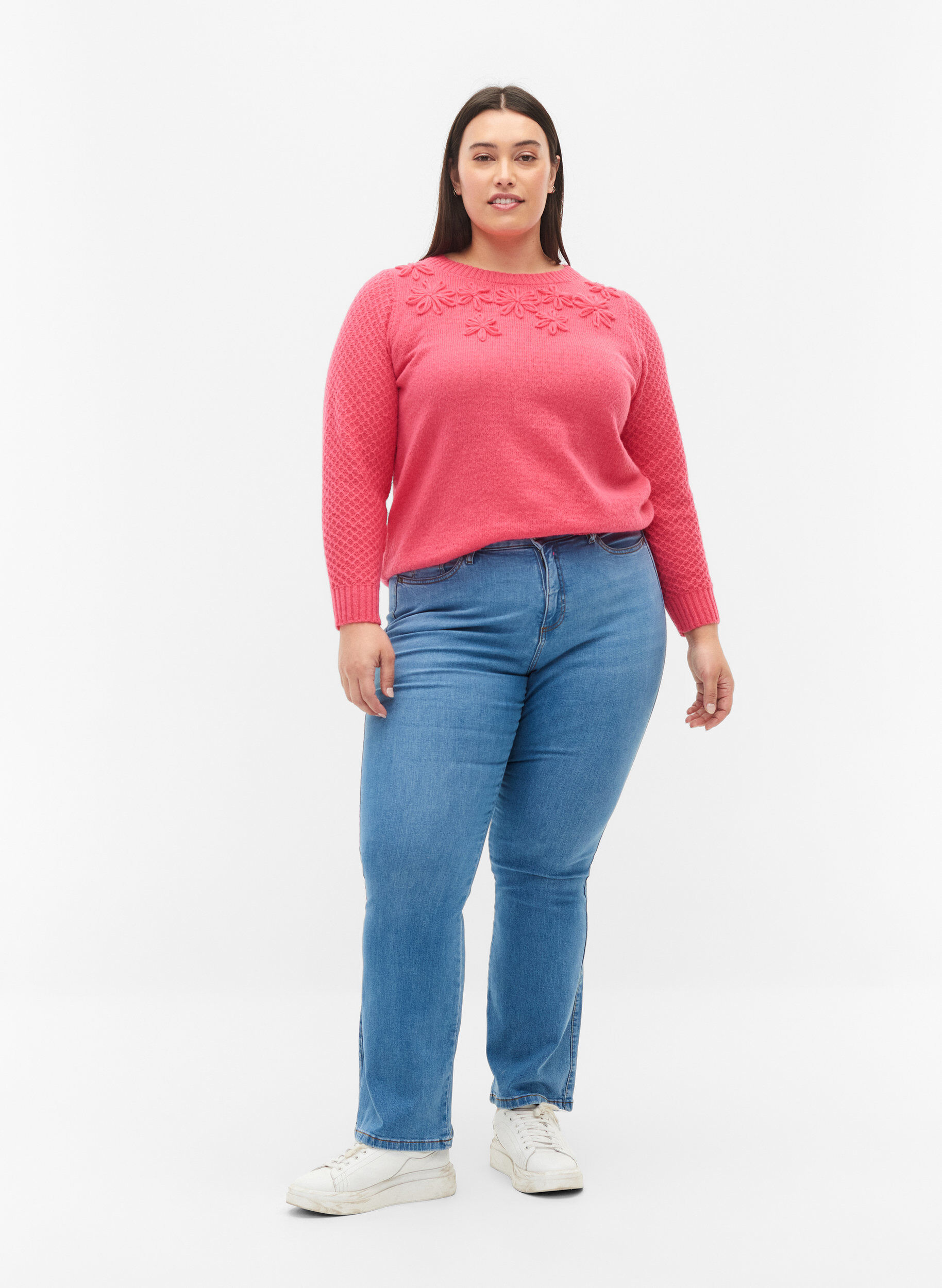 Zizzi Strikkegenser med blomsterdetaljer, Hot Pink, Model image number 3