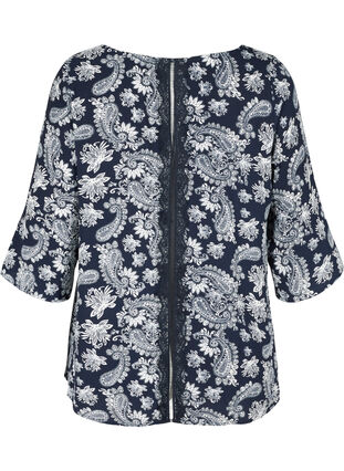 Mønstrete bluse med blonderygg og 3/4-ermer, Night Sky/Paisley, Packshot image number 1