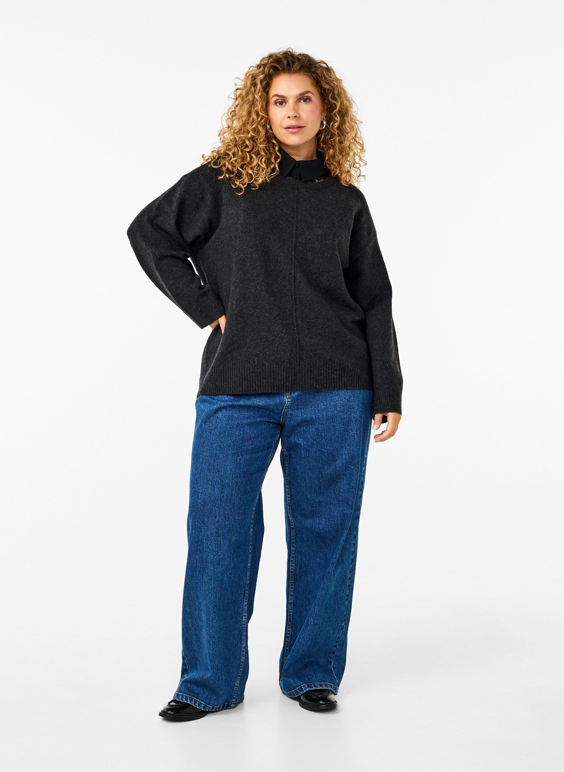 Zizzi Strikket bluse med rund hals og midts&oslash;m, Dark Grey Melange, Model image number 2